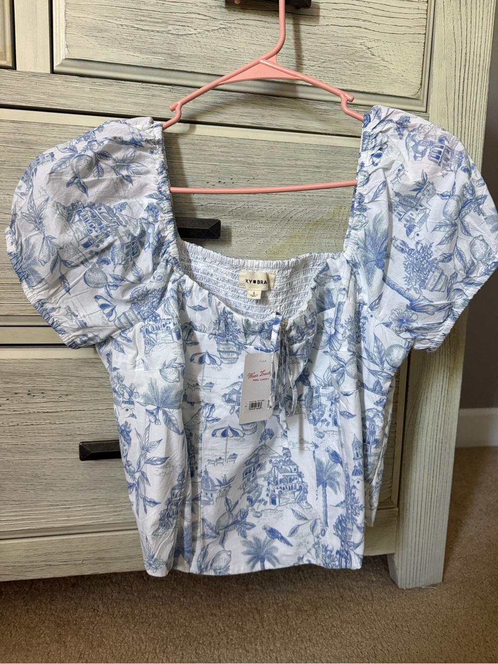 Blue & White Printed Puff Sleeve Top